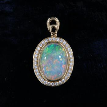 Oval Crystal Opal Pendant with Diamonds 18K Yellow Gold